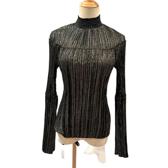 A.L.C. Metallic Silver Black Ribbed Mock Neck Long Sleeve Stretch Top Small - Picture 1 of 4